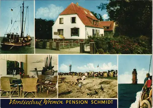 Ansichtskarte Wremen Mehrbild-AK mit Pension und Fischerei R. Schmidt 1970
