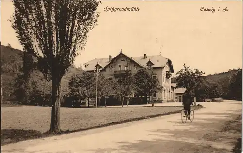 Ansichtskarte Coswig (Sachsen) Fahrradfahrer an der Spitzgrundmühle 1913