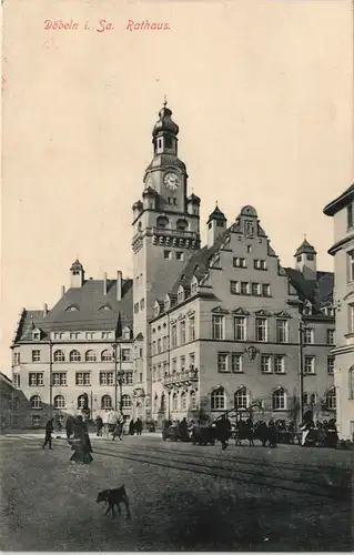 Ansichtskarte Döbeln Rathaus mit Planenwagen 1913