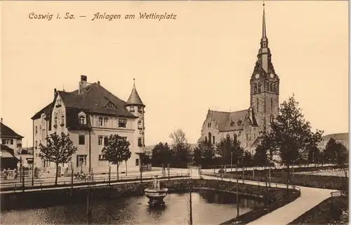 Ansichtskarte Coswig (Sachsen) Wettinplatz - Teich Springbrunnen 1913