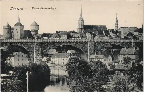 Ansichtskarte Bautzen Budyšin Stadt und Kronprinzenbrücke 1914