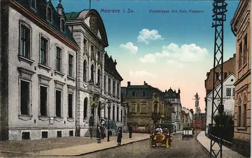 Ansichtskarte Meerane Poststraße, Auto - Post 1913