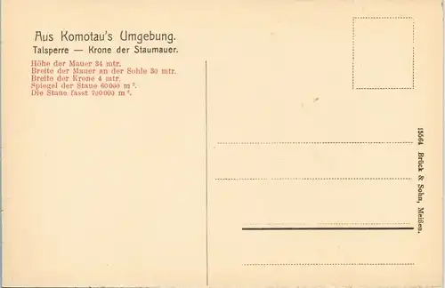 Postcard Komotau Chomutov Talsperre - Blick auf die Staumauer 1913