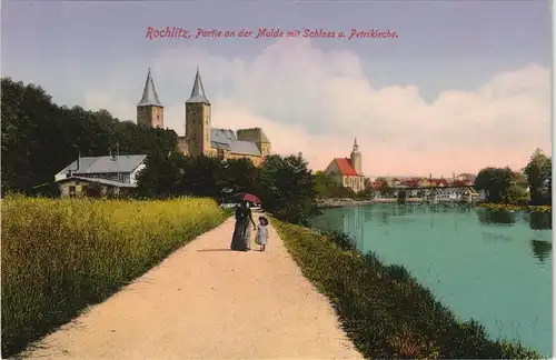 Ansichtskarte Rochlitz Frau und Kind spazieren an der Mulde 1914