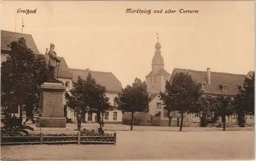 Ansichtskarte Groitzsch Marktplatz, Denkmal u. Alter Turm 1913