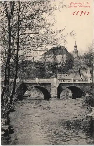 Ansichtskarte Klingenberg (Sachsen) Brücke, Stadt - Weisseritz 1913  #