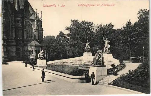 Ansichtskarte Chemnitz Schillingfiguren Königsplatz 1913