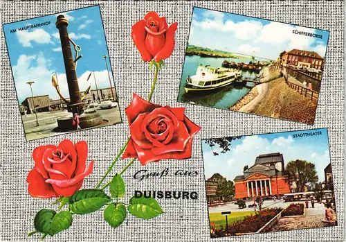 Duisburg Rosen Mehrbild-AK mit Bahnhof, Schifferbörse, Theater 1969