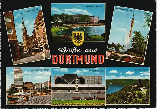 Dortmund Mehrbild-AK ua. Kirche, Westfalenhalle, Fernsehturm 1970