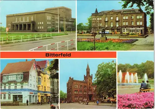 Bitterfeld DDR Mehrbild-AK mit HO-Hotel Central, Rathaus, Straßen-Ansicht 1980