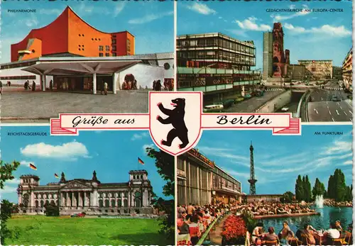 Berlin Mehrbild-AK mit Europa-Center, Reichstag, Funkturm, Philharmonie 1970