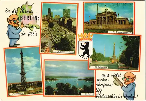Berlin Mehrbild-AK Stadtteilansichten, Funkturm, Havel, Siegessäule u.a. 1970