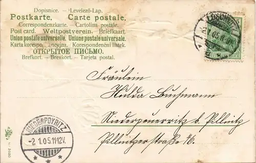 Neujahr Sylvester - Kleeblätter Präge AK Jugenstil 1905 Prägekarte