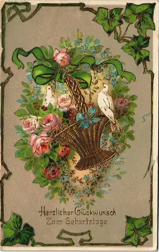 Ansichtskarte  Blumenkorb Vögel - Gold-Prägekarte 1907 Goldrand
