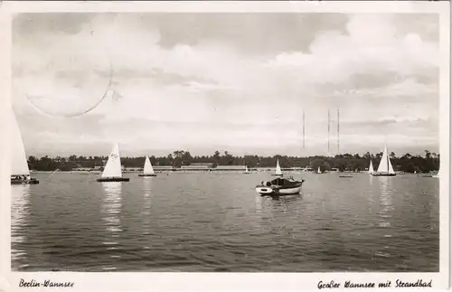 Ansichtskarte Wannsee-Berlin Motorboot, Strandbad gel Berlin West 1954