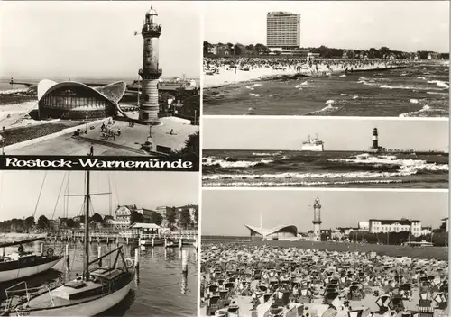 Warnemünde-Rostock Strand Partie mit Yachthafen, Leuchtturm, Teepott   1979