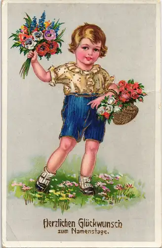 Ansichtskarte  Präge-Gold-Karte, Mädchen mit Blumen 1934 Goldrand