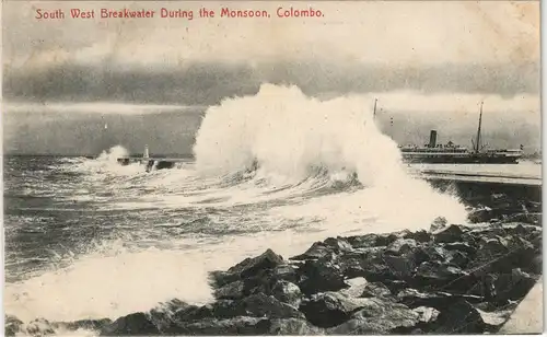 Postcard Colombo South West Breakwater During the Monsoon Dampfer 1912