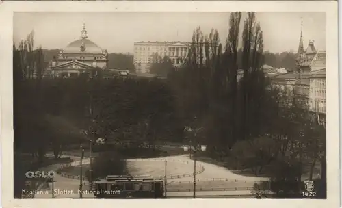 Postcard Oslo Kristiania Schloß, Nationaltheater und Straßenbahn 1912