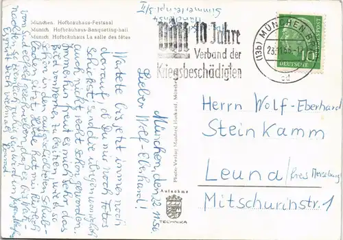 Ansichtskarte München Hofbräuhaus Innenansicht Festsaal 1956