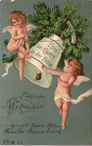 Glückwunsch/Grußkarten: Weihnachten Motiv: Engel Glocke Prägekarte 1903 Goldrand