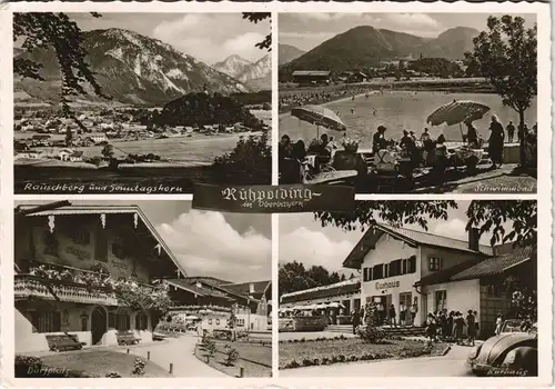 Ansichtskarte Ruhpolding 4 Bild: Stadt, Schwimmbad, Kurhaus VW Käfer 1953