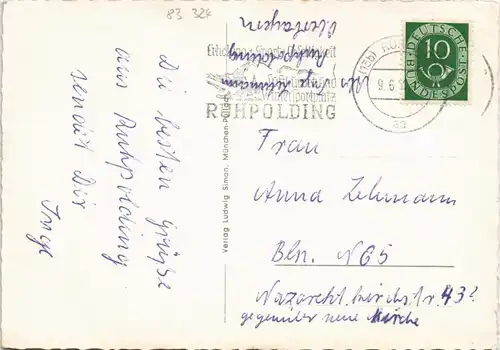 Ansichtskarte Ruhpolding 4 Bild: Stadt, Schwimmbad, Kurhaus VW Käfer 1953