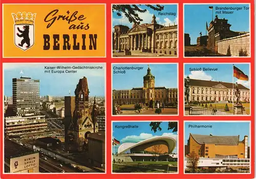 Berlin Mehrbild-AK ua. Europa-Center, Schloss Bellevue, Mauer uvm. 1980