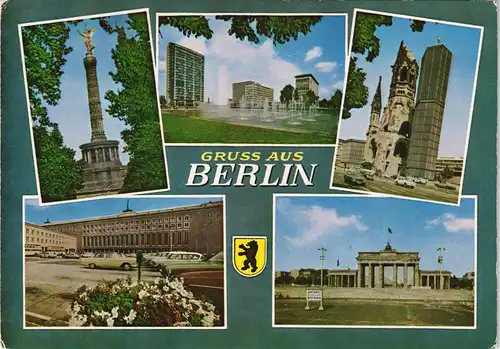 Berlin Mehrbild-AK Stadtteilansichten ua. Mauer Brandenburger Tor uvm. 1965