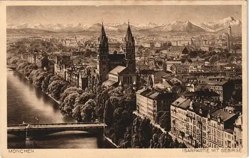 München Panorama-Ansicht mit Isar, Innenstadt und Gebirge Fernansicht 1920