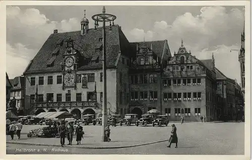 Ansichtskarte Heilbronn Markt, Markttreiben Autos 1931