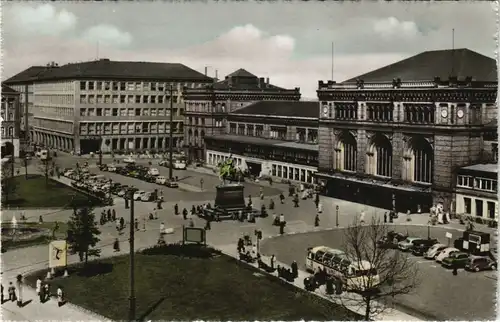 Ansichtskarte Hannover Hauptbahnhof, Bus - colorierte Fotokarte 1955