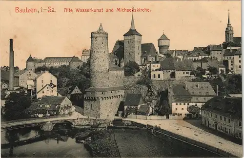 Ansichtskarte Bautzen Budyšin Alte Wasserkunst und Michaeliskirche. 1912