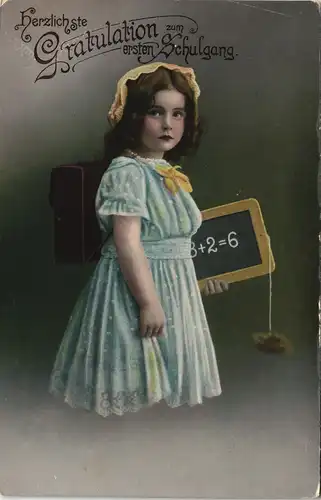 Glückwunsch - Schulanfang/Einschulung Mädchen Ranzen Tafel 1913