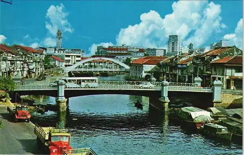 Postcard Singapur Straßenpartie, Stadt Brücke 1971