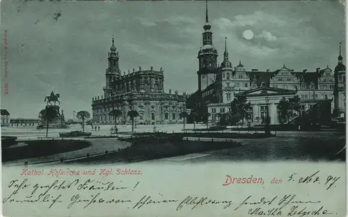 Ansichtskarte Dresden Hofkirche und kgl. Schloss bei Mondschein 1897 Luna