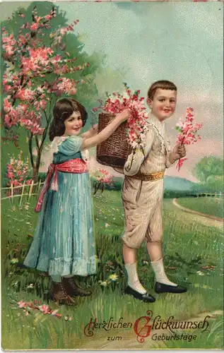 Glückwunsch Grußkarte Geburtstag gratulierende Kinder 1910 Prägekarte