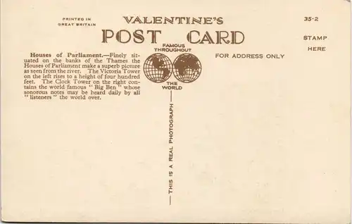 Postcard London Houses of Parliament Parlamentshaus, Big Ben 1935