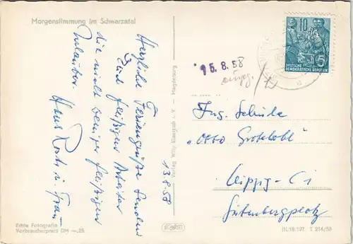 Ansichtskarte .Thüringen Morgenstimmung im Schwarzatal 1958