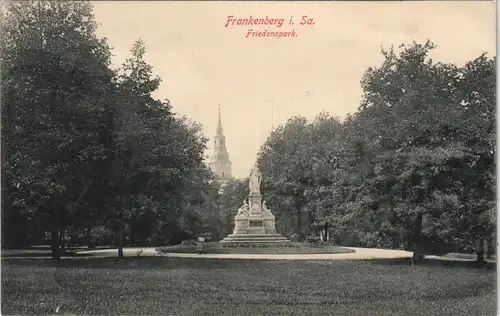 Ansichtskarte Frankenberg (Sachsen) Friedenspark, Denkmal - Kirche 1914
