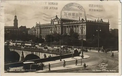 Postcard Stockholm Straßenbahn, Straßenpartie 1930
