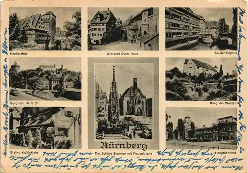 Nürnberg Mehrbild-AK Stadtteilansichten ua. Hauptbahnhof, Hallertor uvm. 1949