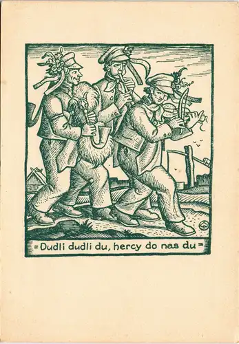 .Tschechien MUZIKANTI JDOU Künstlerkarte Tschechien Musik-Motiv-AK 1950