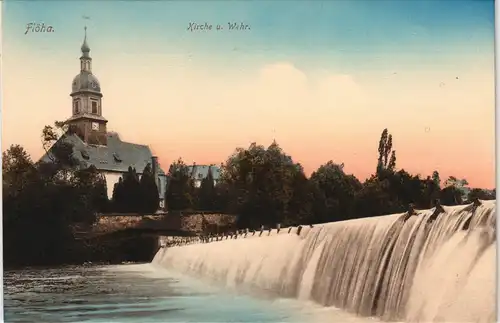 Ansichtskarte Flöha (Sachsen) Kirche und Wehr - coloriert 1912
