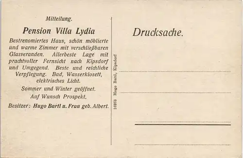 Kipsdorf-Altenberg (Erzgebirge) Stadt Werbung Pension Villa Lydia 1915