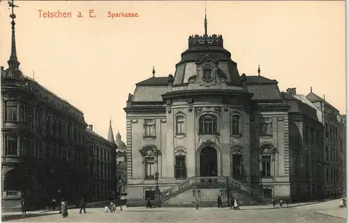 Postcard Tetschen-Bodenbach Decín Straßenpartie an der Sparkasse 1912