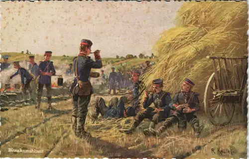 Ansichtskarte  Künstlerkarte- Militär Soldaten Biwakmahlzeit 1913