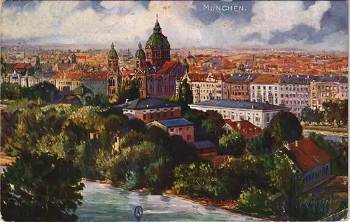 München Panorama-Ansicht Isar und Stadt 1916   1. Weltkrieg Feldpost gelaufen