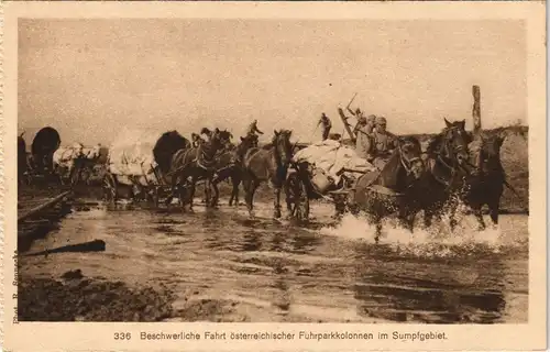 Militaria österreichischer Fuhrparkkolonnen im Sumpfgebiet. 1915