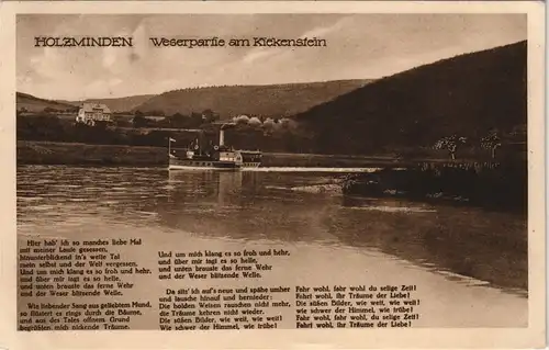 Ansichtskarte Holzminden Weser Fahrgastschiff passiert den Kiekenstein 1932